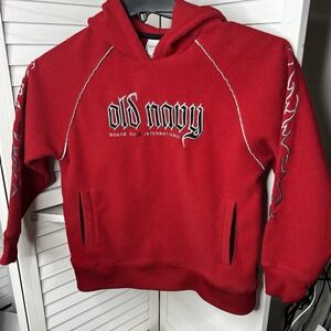 Vintage 2004 Y2K Red Old‎ Navy Embroidered Flames Pullover Fleece Hoodie Sz M**